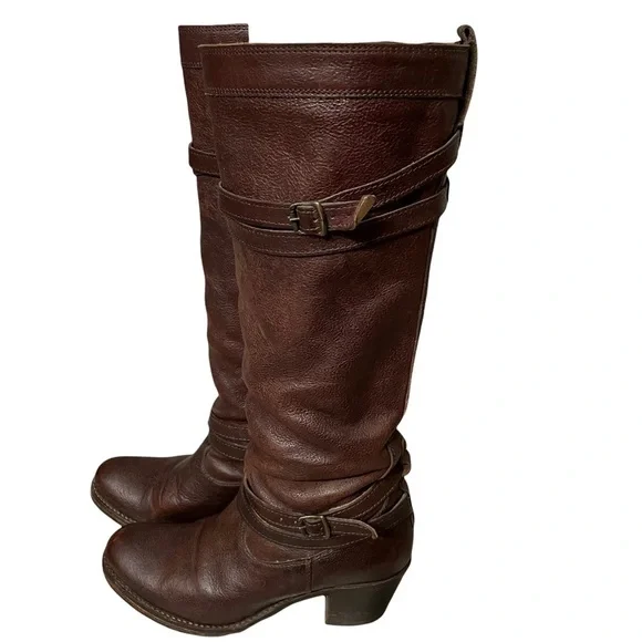 Frye Jane Strappy Dark Brown Knee High Heeled Boots Size 6.5 - Picture 1 of 16